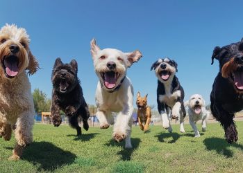 Attain on 5th apartment homes with Six excited dogs run toward the camera on green grass under a clear blue sky, with one brown dog in the background.